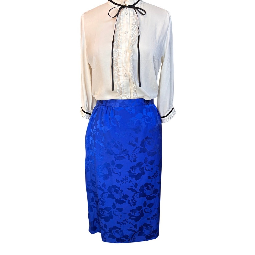 Floral‎ Silk Jacquard Raul Blanco Midi Skirt 14 Silky Chic Royal Blue Vintage